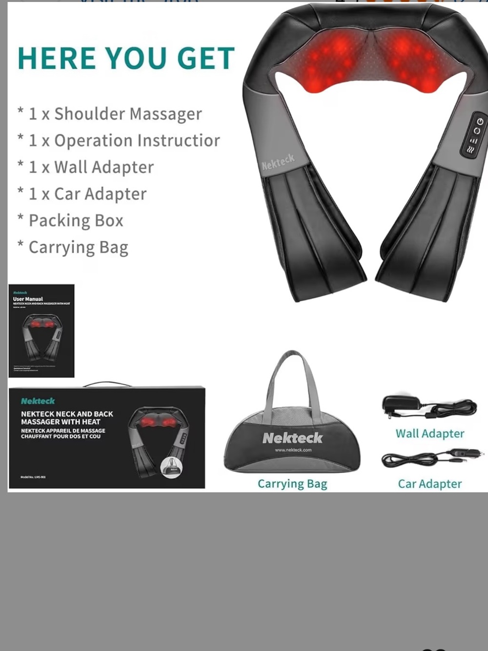NEKTECK Shiatsu Neck & Back Massager w/Heat in Carrying Bag NWB 🎁FATHERS DAY GFT - Picture 2 of 15
